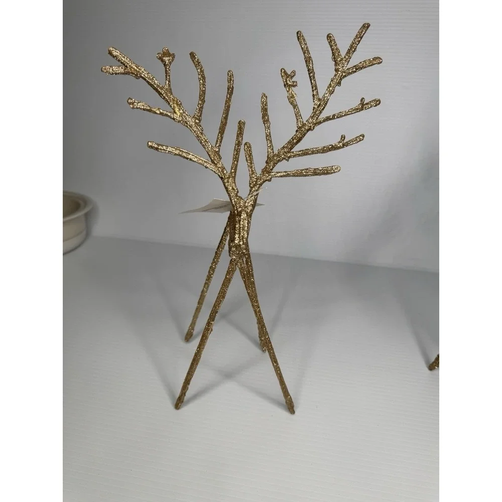 Set of 2 Gold Glitter Reindeer Figurines Tall Branch Antlers Christmas Decor